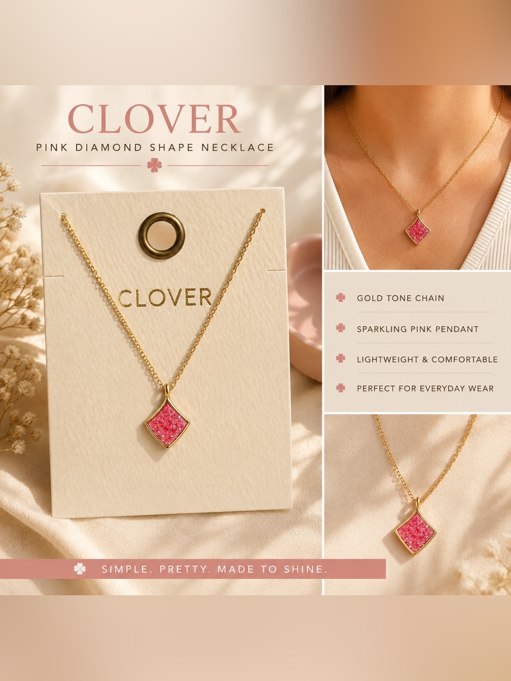 Clover Sparkling Pink Pendant Necklace